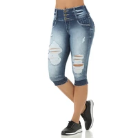 new summer women button zipper plus size elastic destroyed hole leggings short pants denim shorts ripped jeans blue capri pants