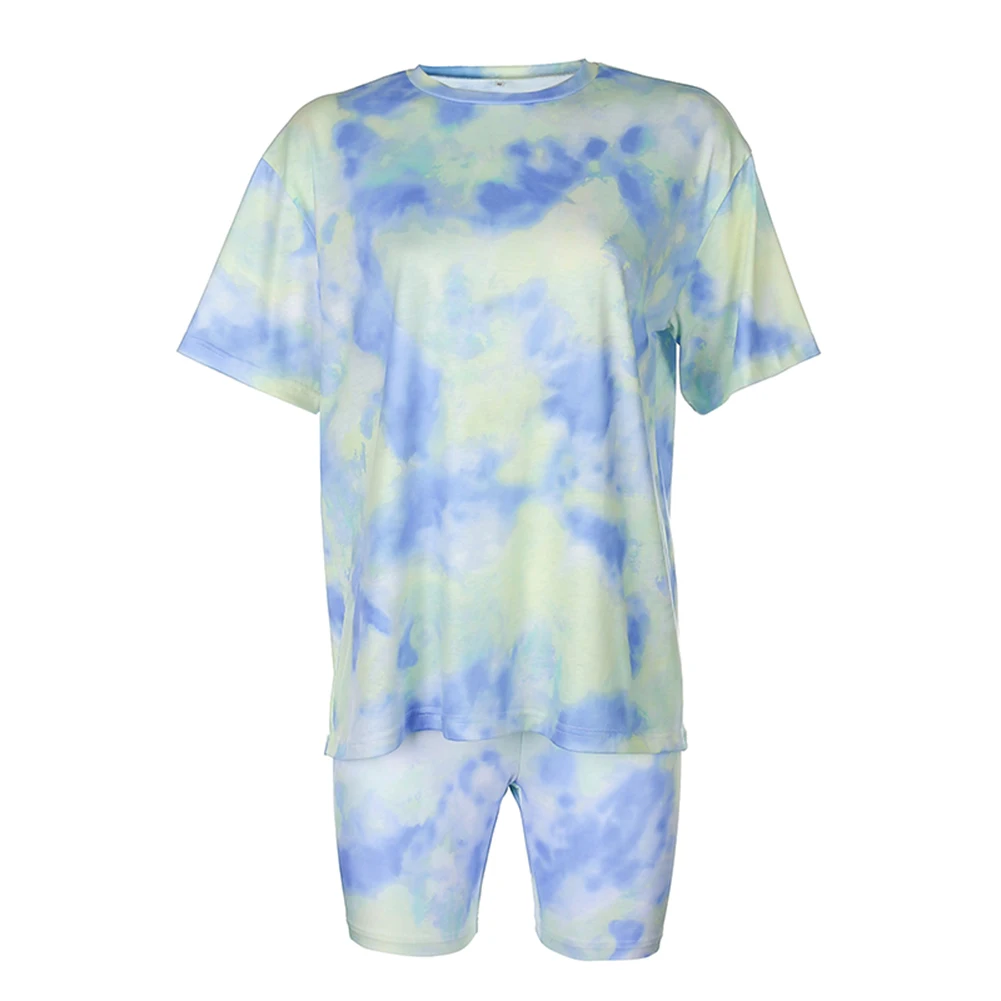 

Women's Casual Summer 2 Pieces Suit Set Tie-Dye Print Round Neck Short Sleeve