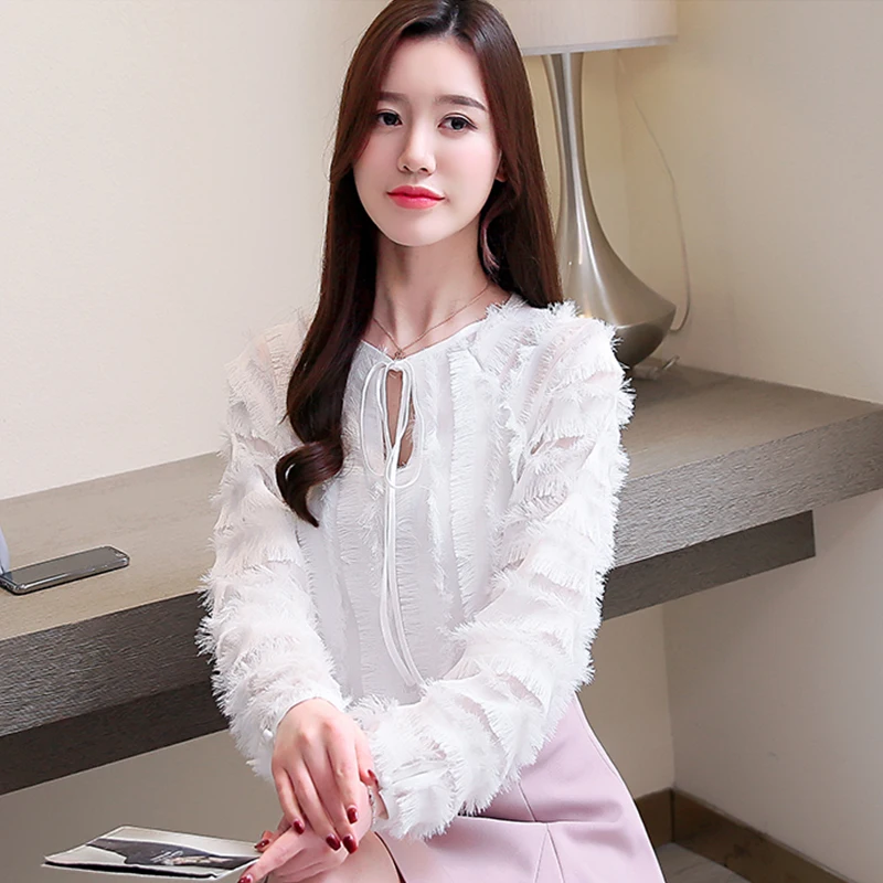 Однотонные белые кисточкой Для женщин Шифоновая блузка полые кружева с длинным