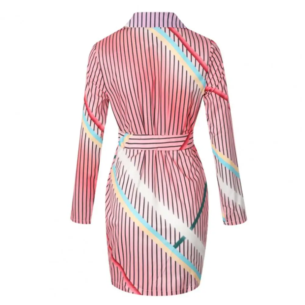 

Trendy Blazer Dress Comfortable Lightweight Striped Print Mini Shirt Dress Office Colorful Striped Print Sexy Turn-down Casual