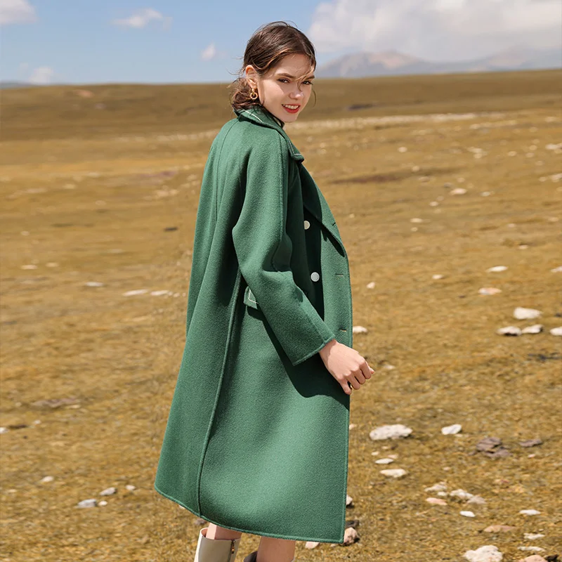 

Double Sided Tweed Coat Women's Winter 2021 New 100% Wool Medium Length Lapel Green Tweed Coat