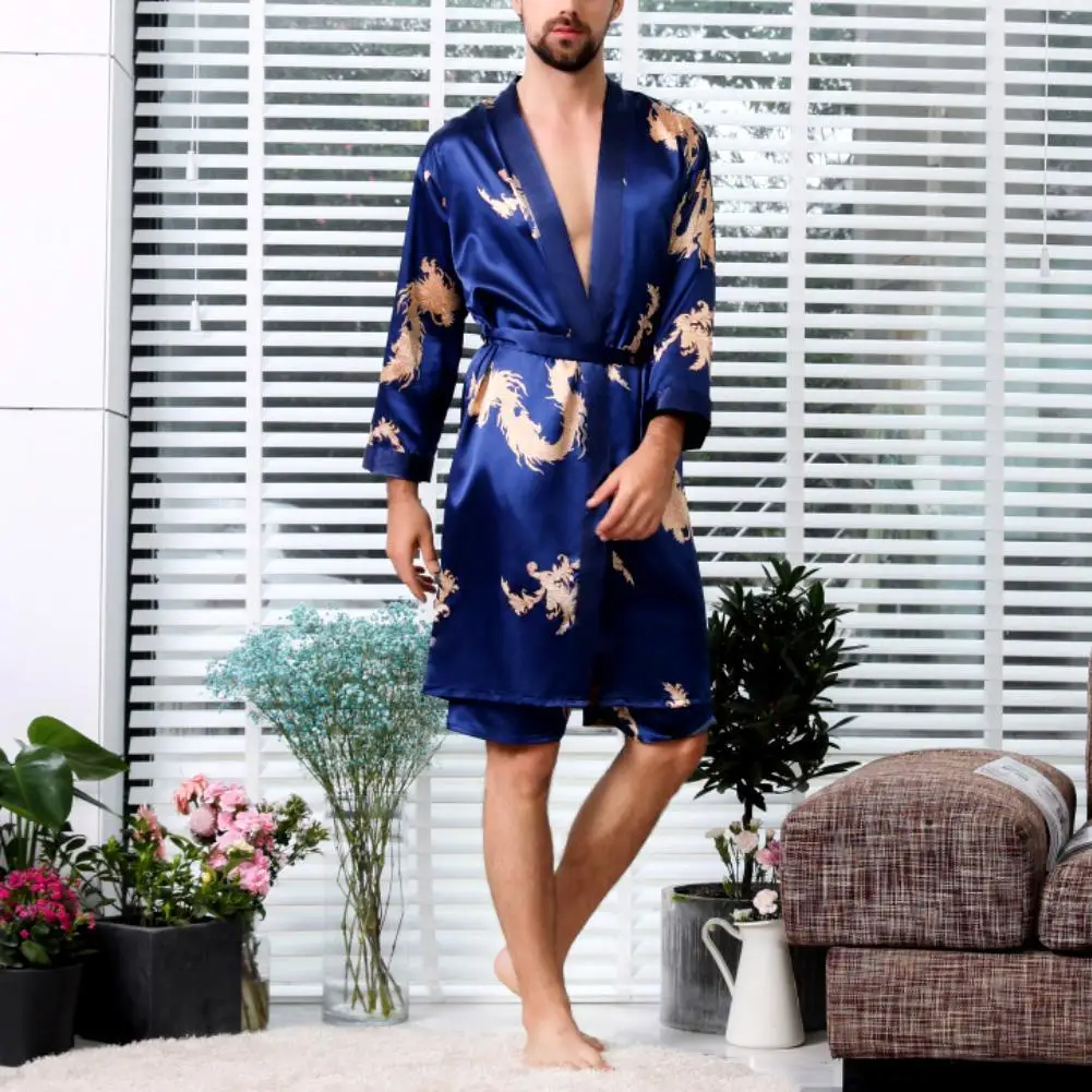 

2Pcs Men Imitation Silk Dragon Print Bath Robe Short Pants Pajama Sleepwear Set