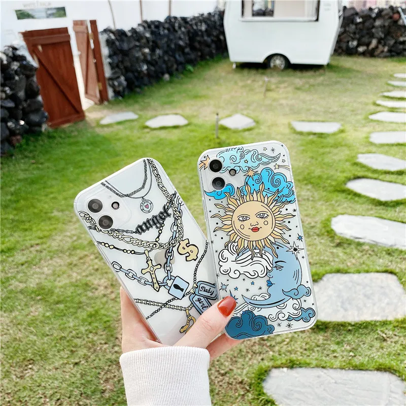 

American INS Style Drawing Sun Hip Hop Necklace Phone Case for IPhone 12 11 Pro Max XS XR X 8 7 Plus SE Soft Anti-fall Cover
