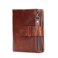 retro fashion first layer cowhide zipper short coin purse simple casual natural genuine leather multiple card slots wallet men