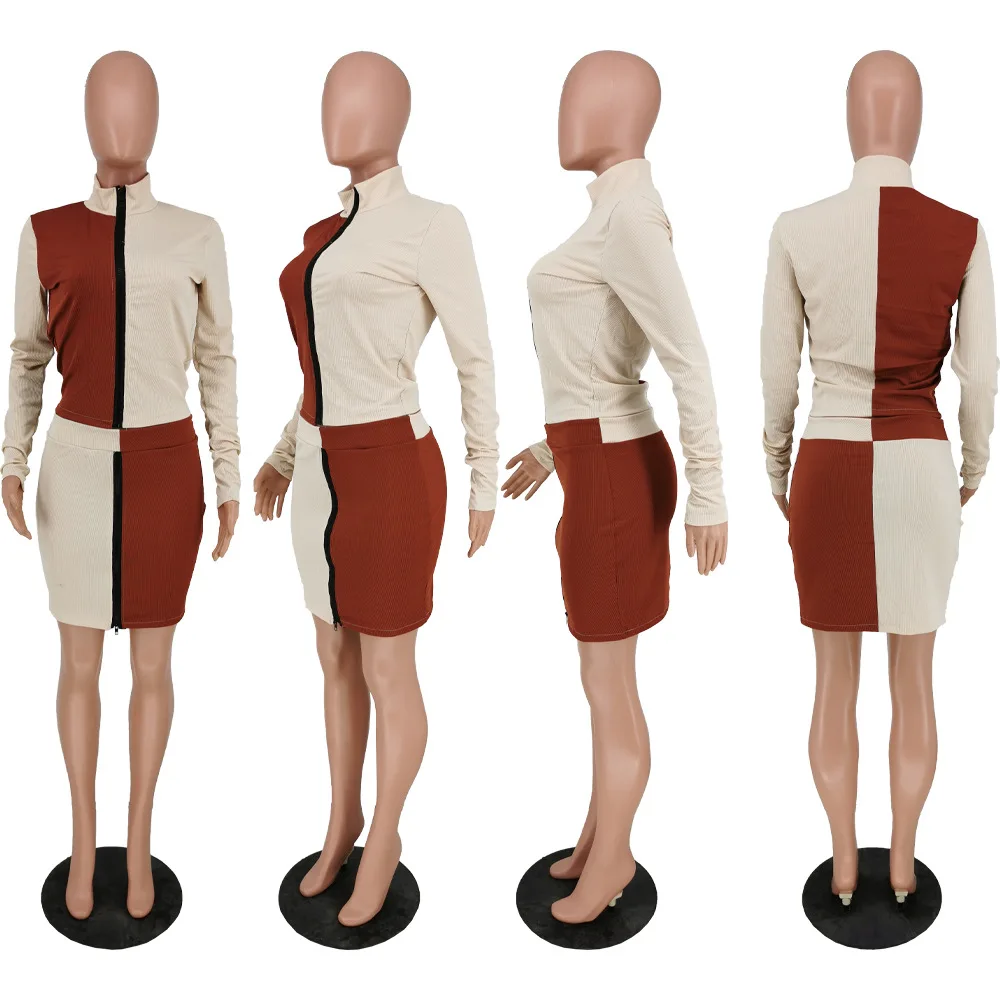 

Echoine Spring Long Sleeve Color Patchwork Zipper V-neck Top Jacket Mini Skirt Sexy Elegant Bodycon Party Tracksuits Outfits