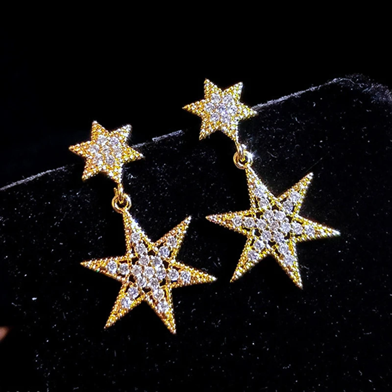 

Trendy 14K Real Gold Stars Drop Earrings for Women Accessories Korean Fashion Jewelry S925 Silver Needle Shiny Zircon Ins Gift