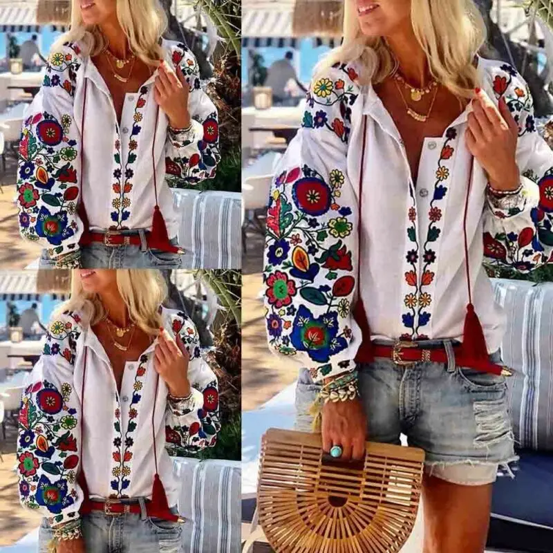 Womens Shirts Tops Long Sleeve Flower Print Casual Loose Top Fashion V-Neck Dark Buckle Lantern 2019 Early Autumn | Женская одежда