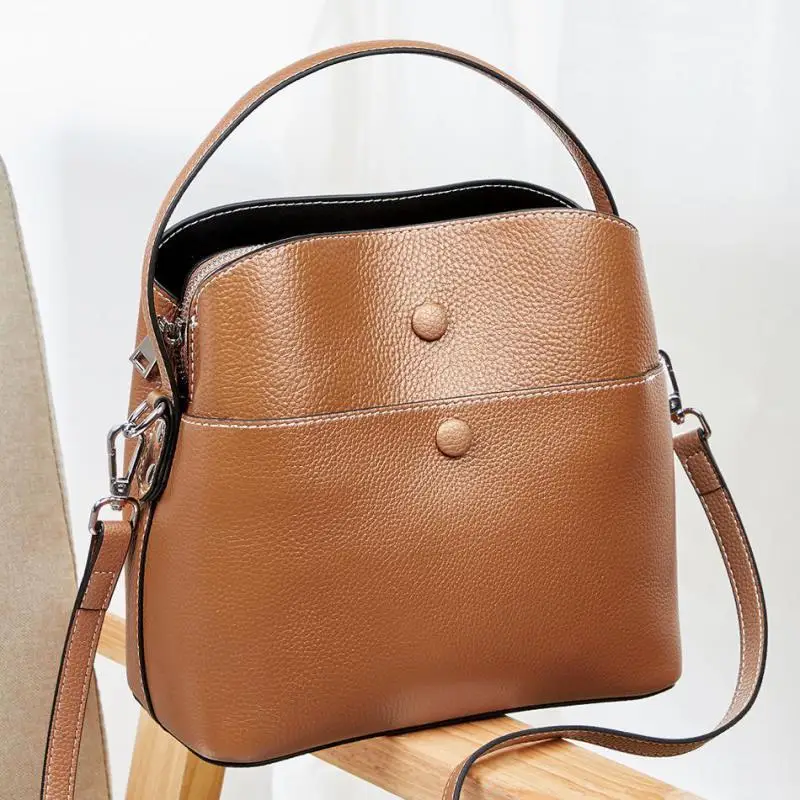 

Fashion Genuine Leather Women Bucket Bag 2021 New Versatile Soft Cowhide Handbag Solid Color Shoulder &Crossbody Bags