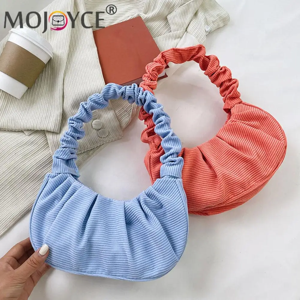 

Soft Women Corduroy Armpit Bags Female Hobos Pure Color Underarm Bags Small Ladies Pleated Design Shopping Handbags