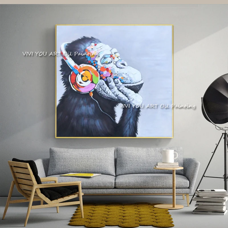 

Graffiti Pop Cute Listen To Music Monkey Oil Paintings Colorful Handmade Wall Art Pictures for Living Room Home Decor (No Frame)