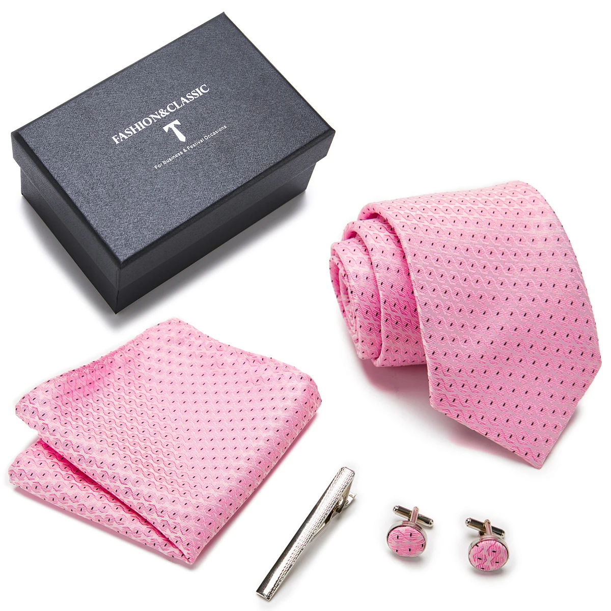 

Dropshipping 7.5 cm Gift Box 100% Silk Tie Hanky Pocket Squares Cufflink Set Necktie Box Polka dot Male Brown Memorial Day