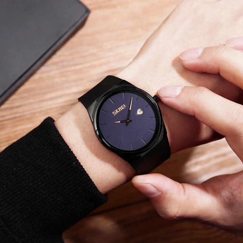 SKMEI повседневные мужские часы кварцевые наручные модные черные ПУ ремешок для