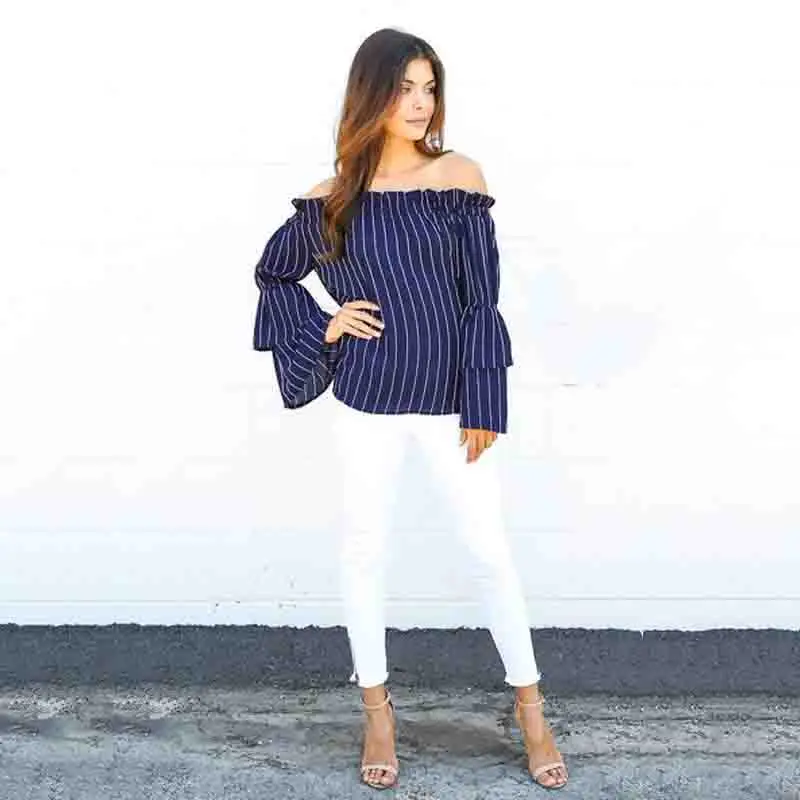 2019 женские топы темно голубые полосатые рубашки с вырезом лодочкой и контрастной