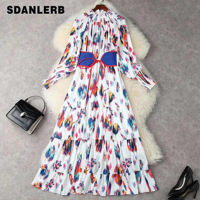 

2021 Fall Women's Clothing Printed Long Lantern Sleeve Maxi Dress Elastic High Waist Swing Long Ruffled Dress Vestido Feminino