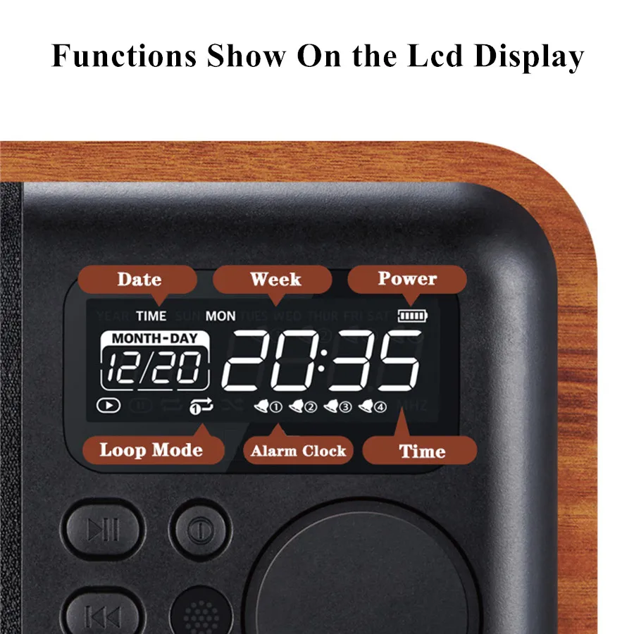 

Wireless Wooden Portable Bluetooth Speaker FM Radio Subwoofer with Alarm Clock Remote Control Retro Wood Speakers Phone AUX USB