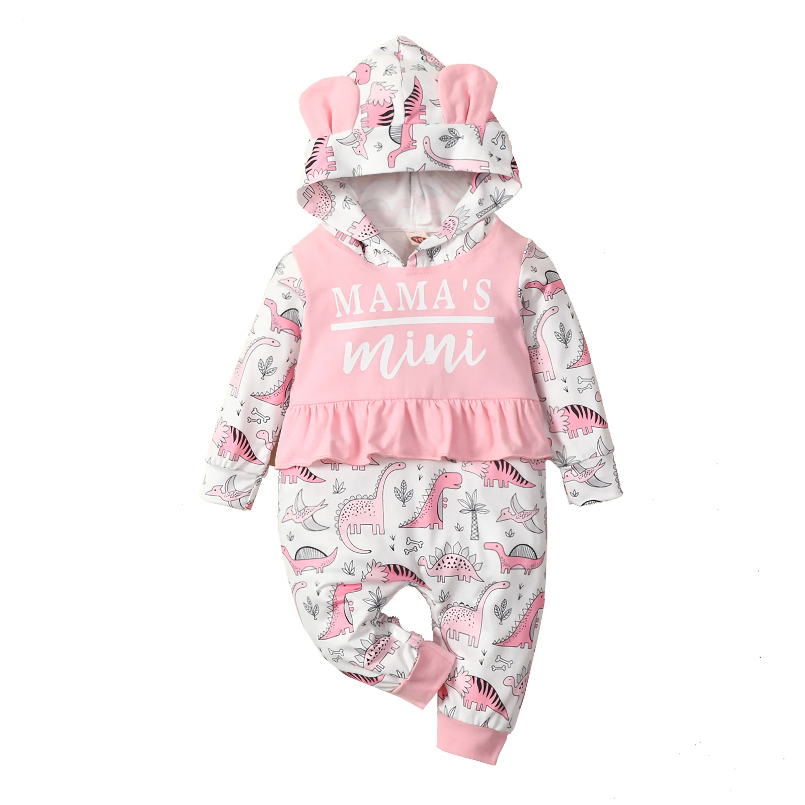 

Одежда для новорожденных девочек, Модный комбинезон с принтом динозавра, воланом, капюшоном и длинными рукавами, длинные комбинезоны для ма...