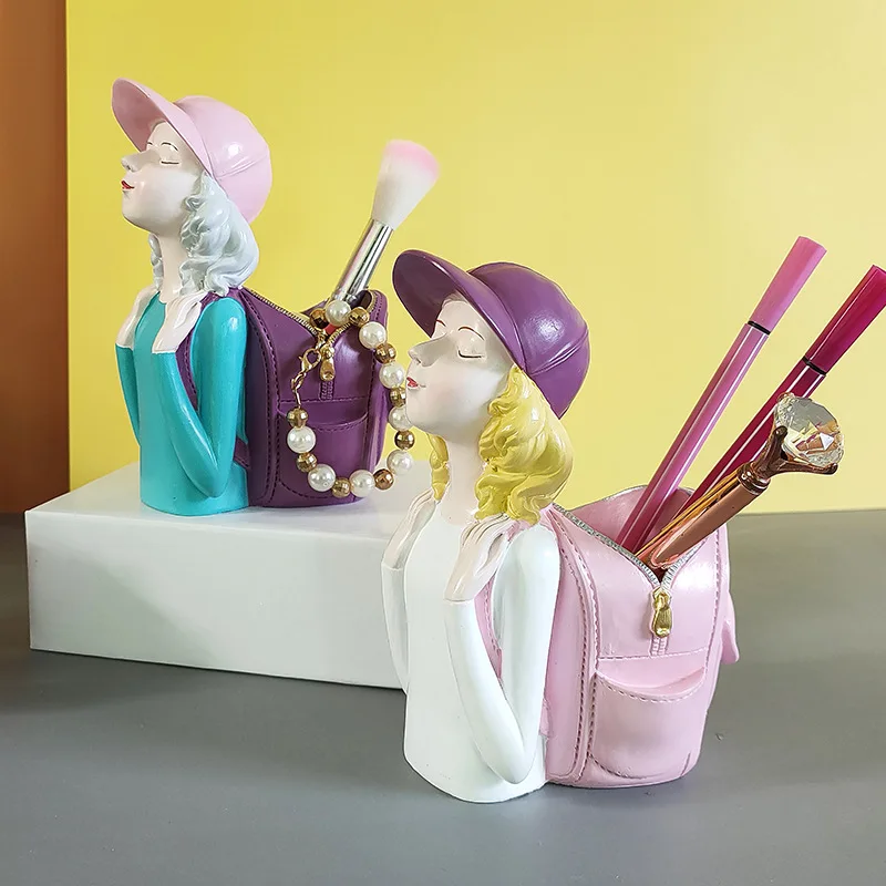 

Nordic Resin Backpack Girl Sculpture Ornaments Living Room Office Tabletop Figurines Storage Crafts Home Decoration Accessories