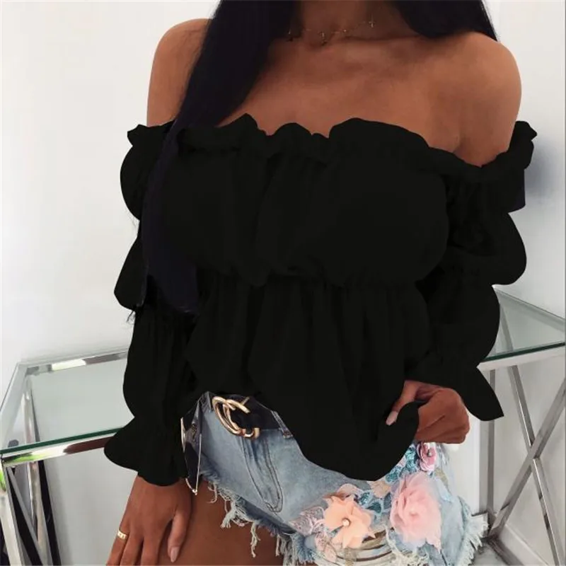 

Hirigin 2020 Elegant Women Off Shoulder Chiffon Blouse Fashion Solid Color Pleated Sexy Shirt New Office Street Tops and Blouses