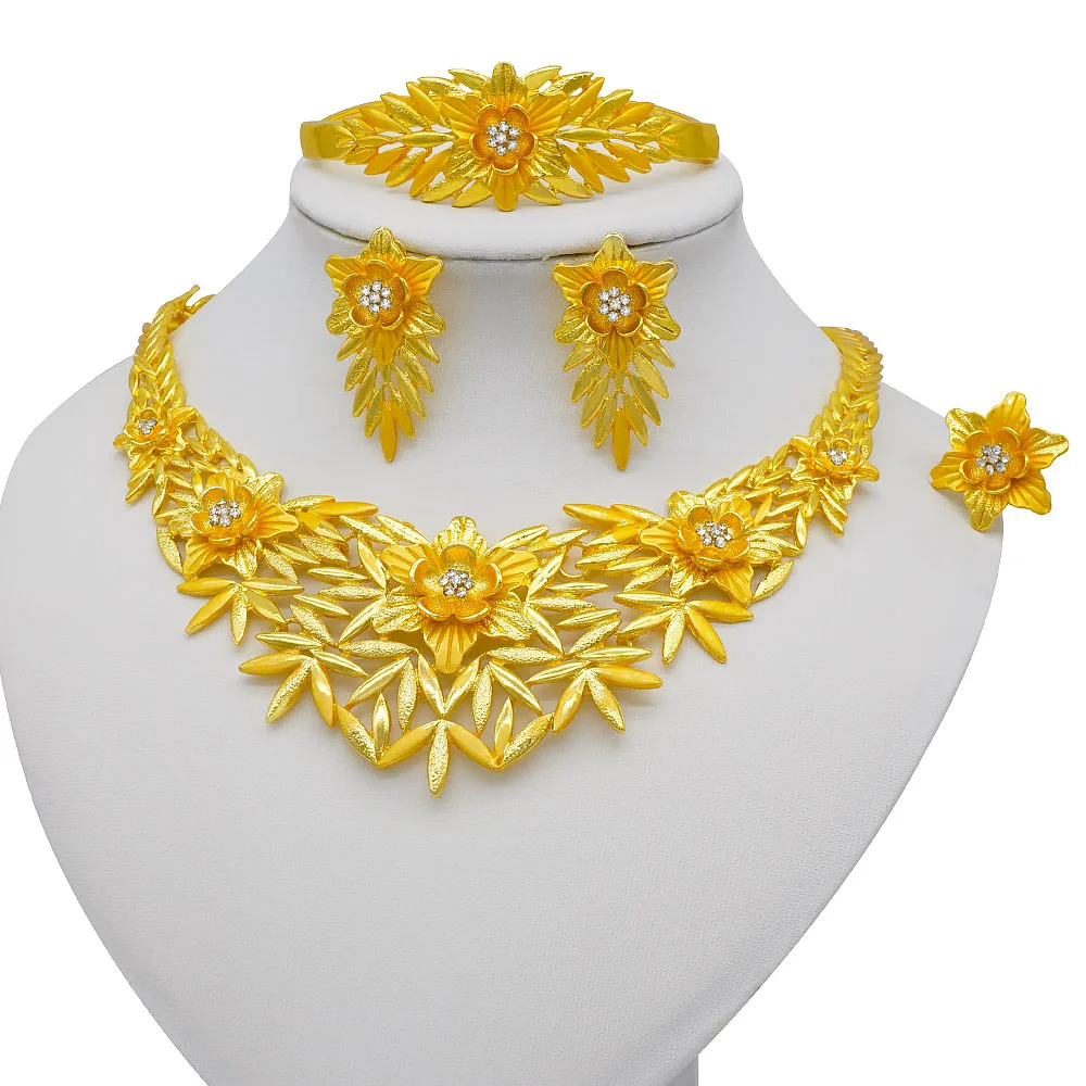 

Dubai Women Luxury Flowers Gold Color Jewelry Set Nigeria African Necklace Bracelet Earrings Ring Set Wedding Party Gifts
