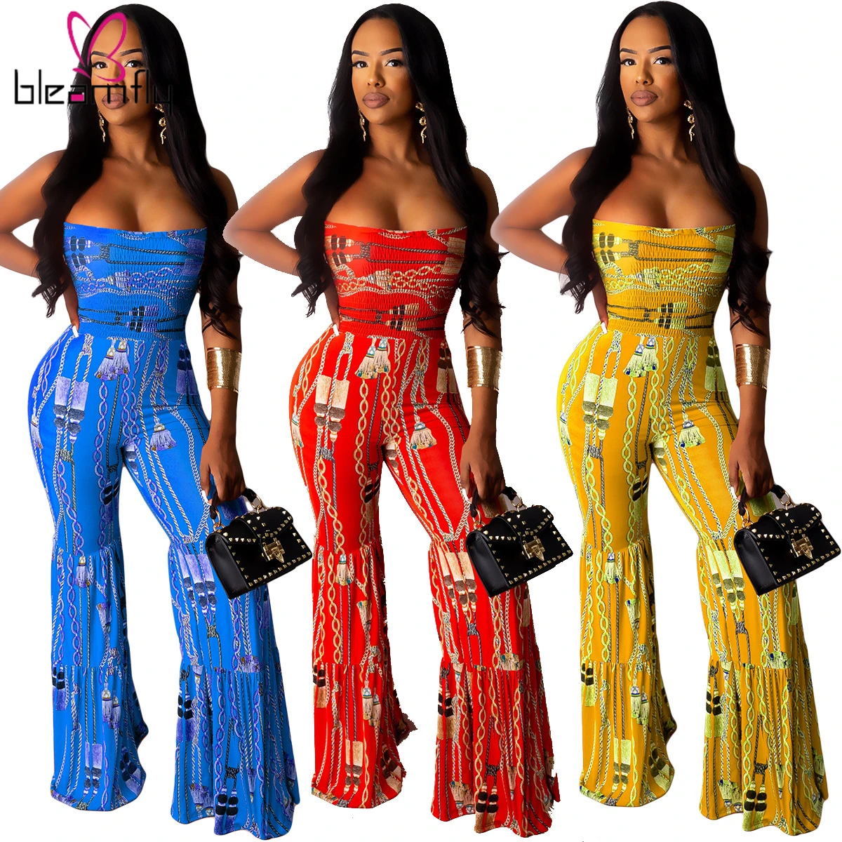 2019 Женский Летний комбинезон без бретелек с цепочкой принтом оборками длинный