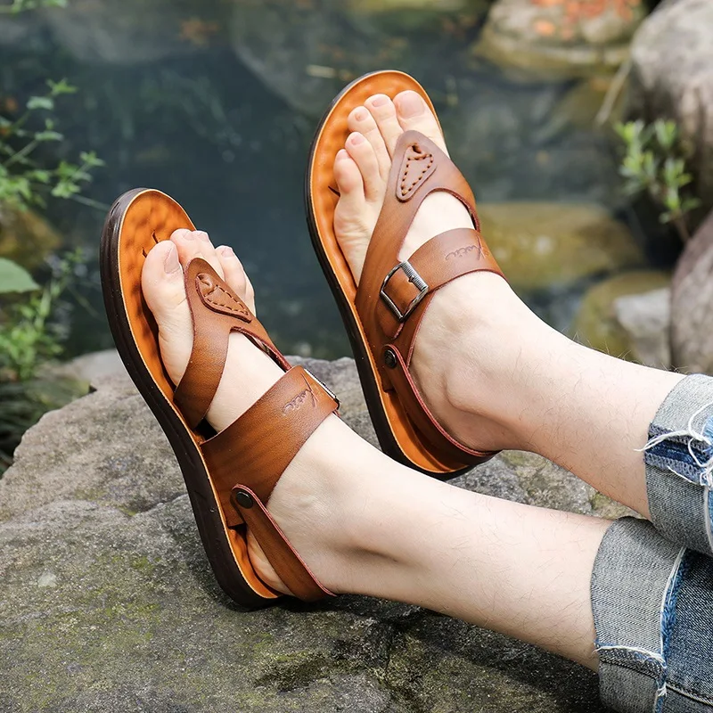 Мужские летние шлепанцы из натуральной кожи пляжные сандалии повседневная обувь