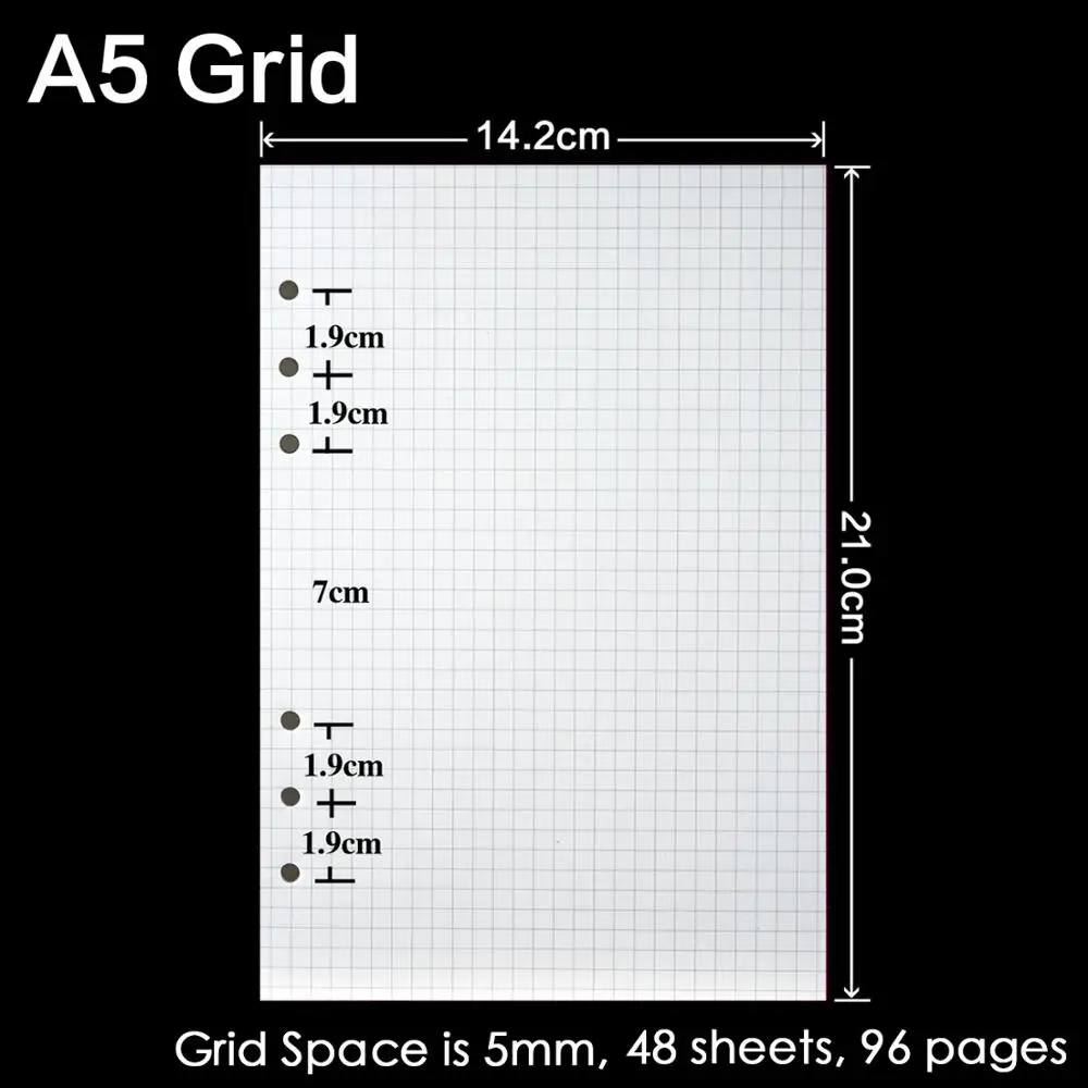 A5 Grid Высокое качество, записная книжка с кольцом A5, A6, A7, вставные заправки, 6 отверстий, вкладыш, дневник на спирали, планировщик, внутреннее ядро, 100 г, бумага - Цвет: A5 Grid