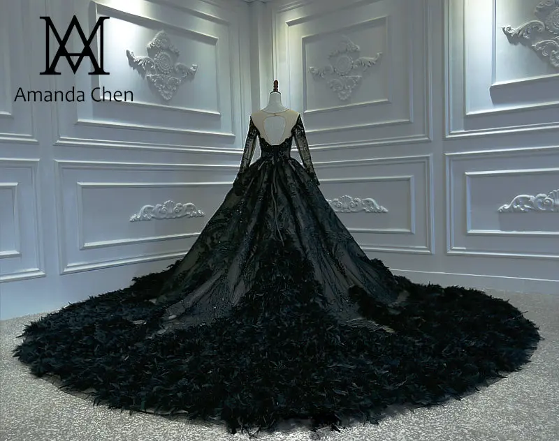 Халат mariage Женский, с длинным рукавом роскошный платья со шлейфом Кружева свадебное платье черный