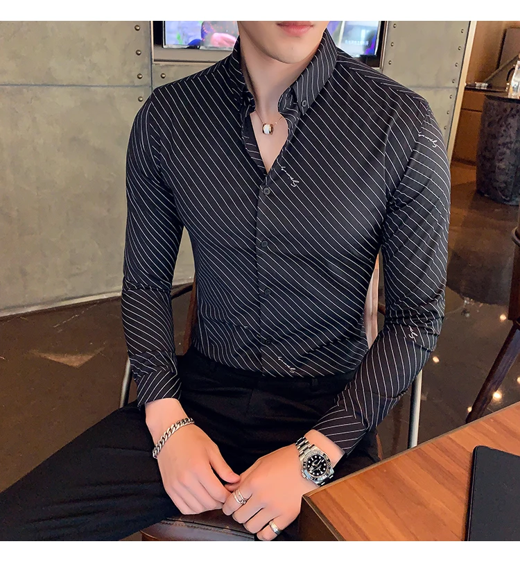Chemise Homme британский стиль Для мужчин рубашка в полоску с длинными рукавами, высокое качество, отложной воротник, деловая, общественная рубашки Для мужчин клубный костюм-смокинг