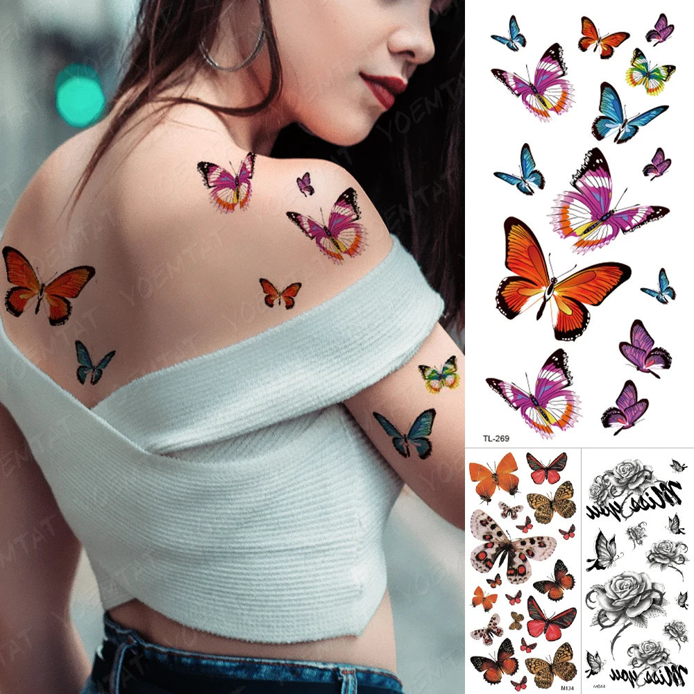 

Blue Butterfly 3D Waterproof Temporary Tattoo Sticker Rose Peony Flower Flash Tatto Woman Girl Feather Body Art Fake Tatoo Man