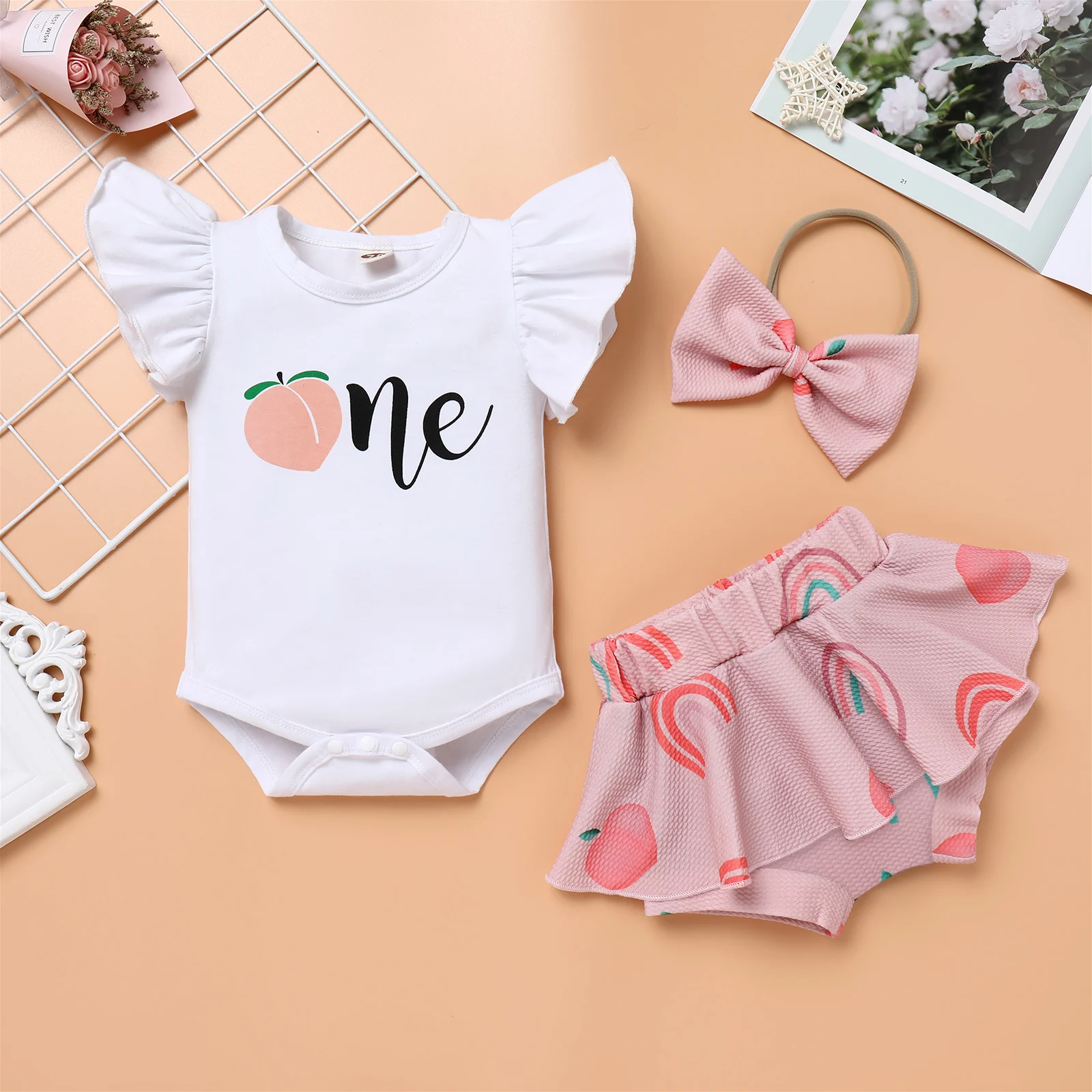 6-18M Baby Birthday Dress Flying Sleeve Letter Printing Bloomers And Headband 3pcs Outfit Cake Smash And Photo Shoot Dress