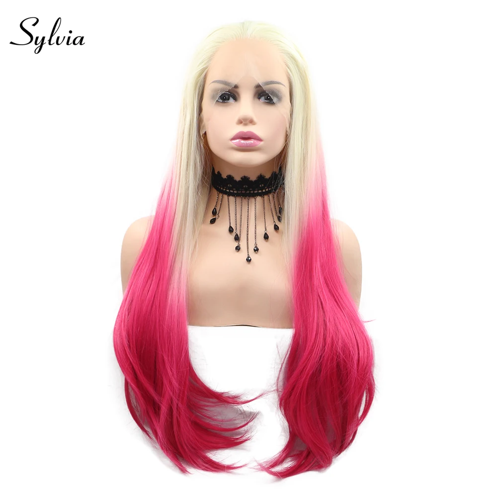 

Silky Straight 613 Blonde Ombre Pink Cosplay Synthetic Lace Front Wigs Natural Half Hand Tied Heat Resistant Fiber Frontal Hair