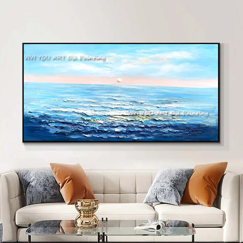 

The Peace Blue Sky White Wall Art Canvas Handpainted Cuadro Modern Abstract Painting Water Wall Picture for Home Decor Sea Wave