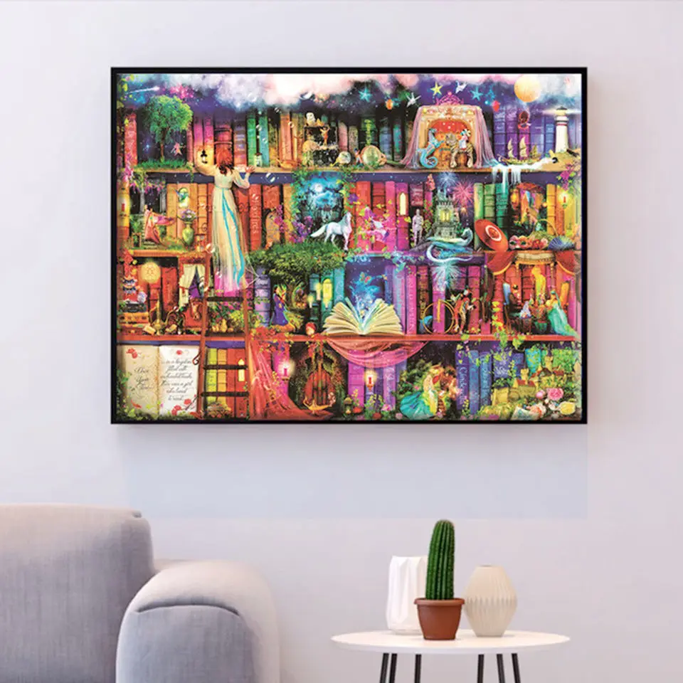 

NEW5D DIY Diamond Painting Full Round Diamond Cartoon "Bookshelf" Portraiture Mosaics Embroidered Home Decor Mural Handmade Gift