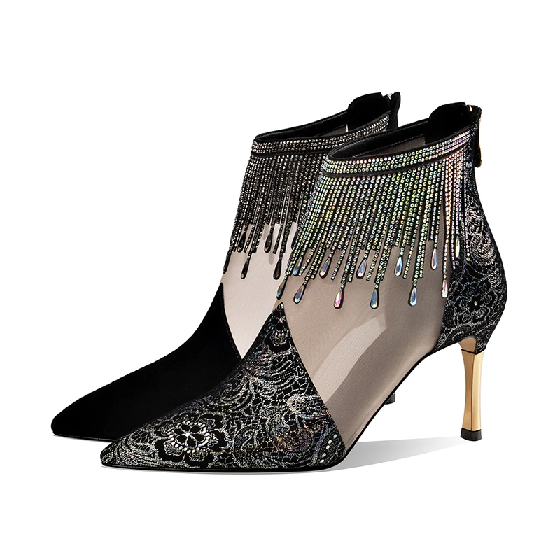 

ISNOM Fashion Women Shoes Crystal Tassel Pointed toe Booties High Heels Shoes Woman Ankle Boots Mesh Ladies Boot Leather