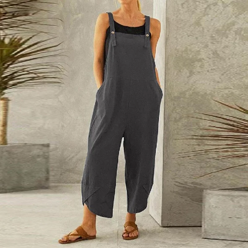 

Muyogrt Women's Summer Jumpsuits 2021 Linen Overalls Casual Suspender Rompers Loose Female Solid Button Pants Plus Size Turnip