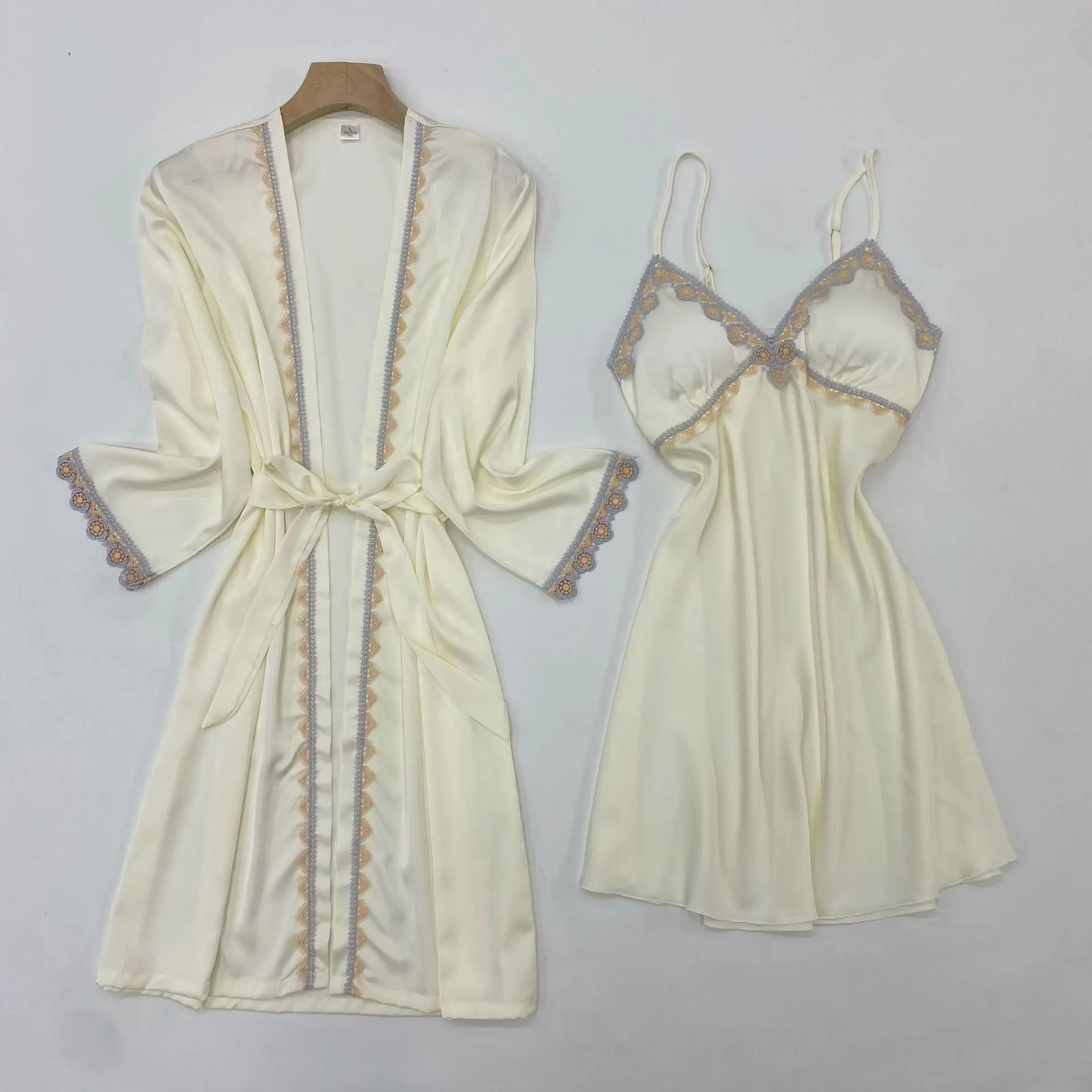 

2PCS Women Lace Floral Robe Sets Bride Underwear Dressing Bathrobe Gown Sexy Backless Strap Top Nightdress Rayon Homewear Kimono