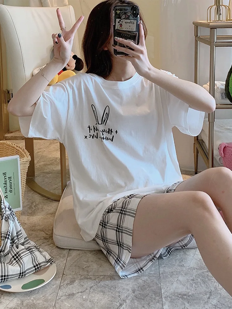 

Cotton online celebrity pajamas women's summer plaid rabbit ears short sleeve suit loose home clothes can be worn outside spring