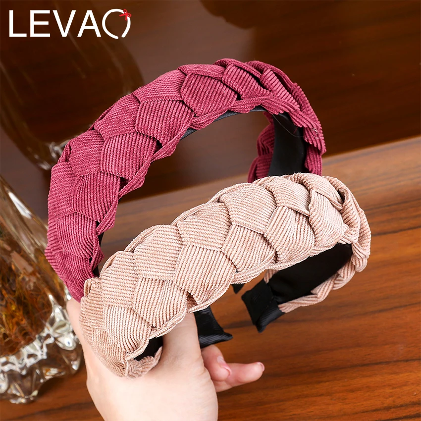 

LEVAO New Corduroy Hair Bezel Wide Fabric Headband Headdress Women New Simple Twisted Braid with Side Knotted Hoops for Girls