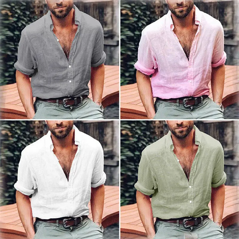 Мужская льняная блузка Рубашки Топы короткий рукав мешковатые пуговицы летняя