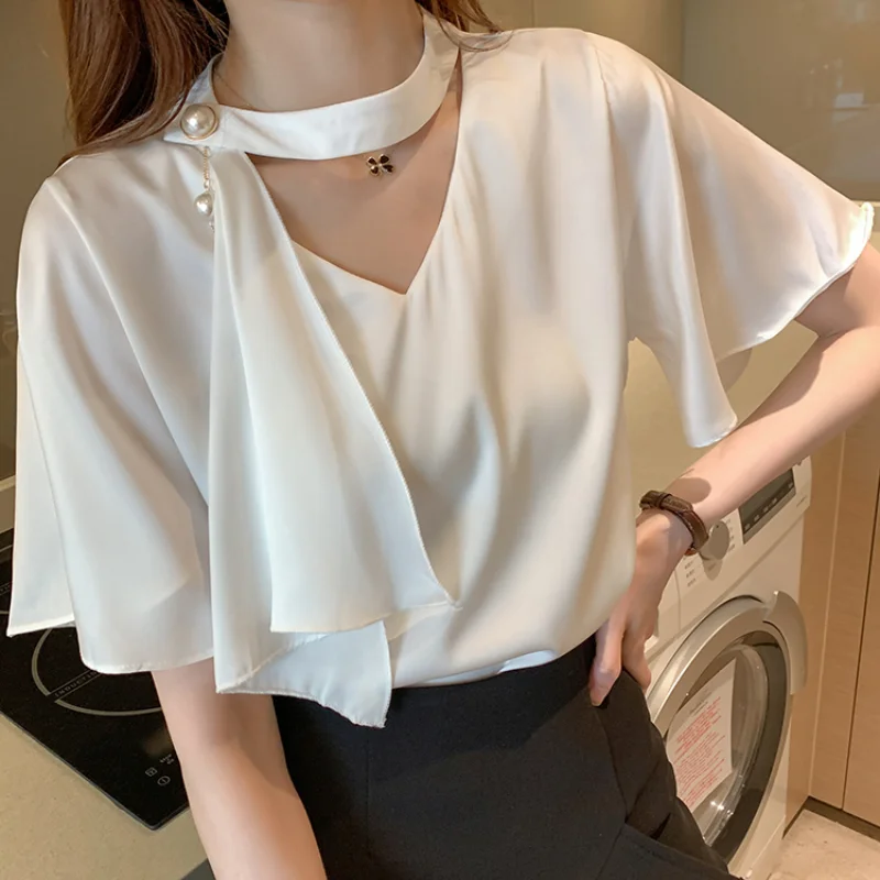 

Summer Thin T Shirt Women Clothing 2021 Fashion Chic Streamer Chiffon Shirts Elegant Butterfly Sleeve V-neck OL Tops Workwear
