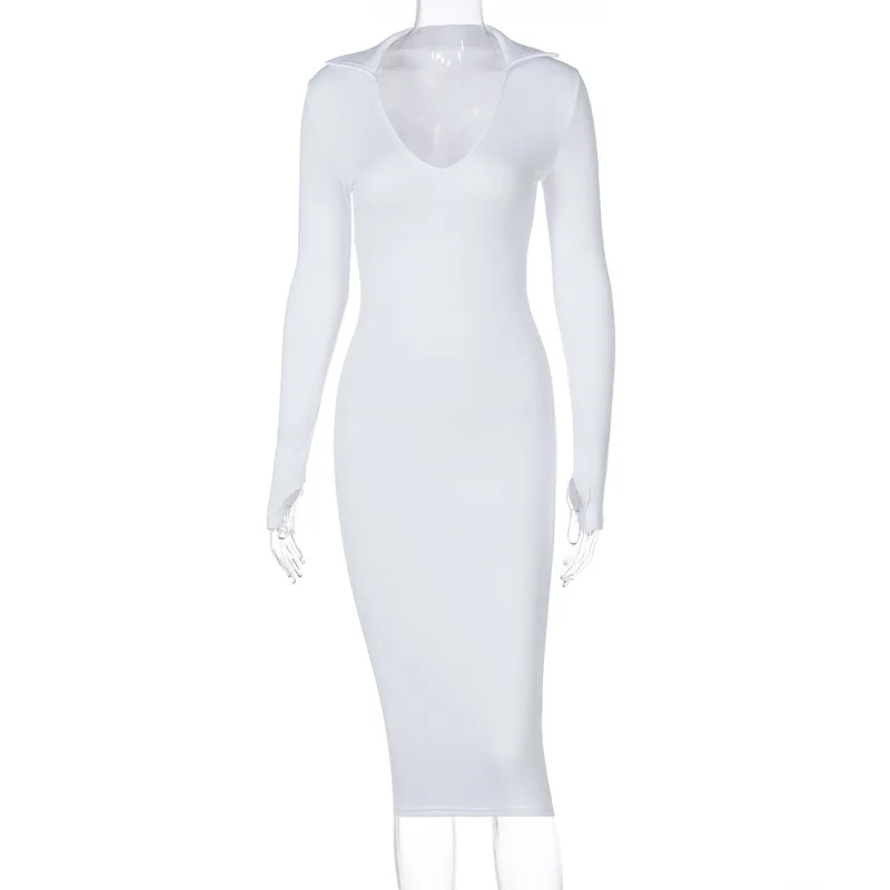 

European and American style 2021 spring new sexy Lapel long sleeve finger sleeve dress
