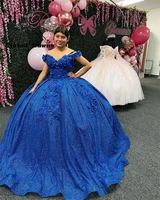royal blue cinderella quinceanear dresses beaded 3d flowers appliques princess sweet 15 16 ball gown graduation prom dress