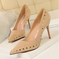 european and american style retro womens shoes with high heeled suede shallow mouth pointed sexy slim rivet single shoes