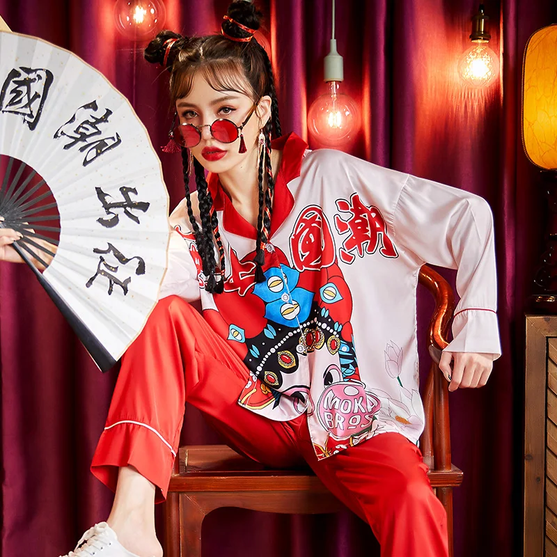 Women Sleepwear Chinoiserie  Summer Pajamas The Tide High Quality Snow and Ice Silk Plus Size Pajama Set Princess Style Spring