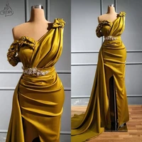 arabic gold sexy mermaid prom dresses one shoulder crystals evening dress 2020 high split formal party special occasion gowns