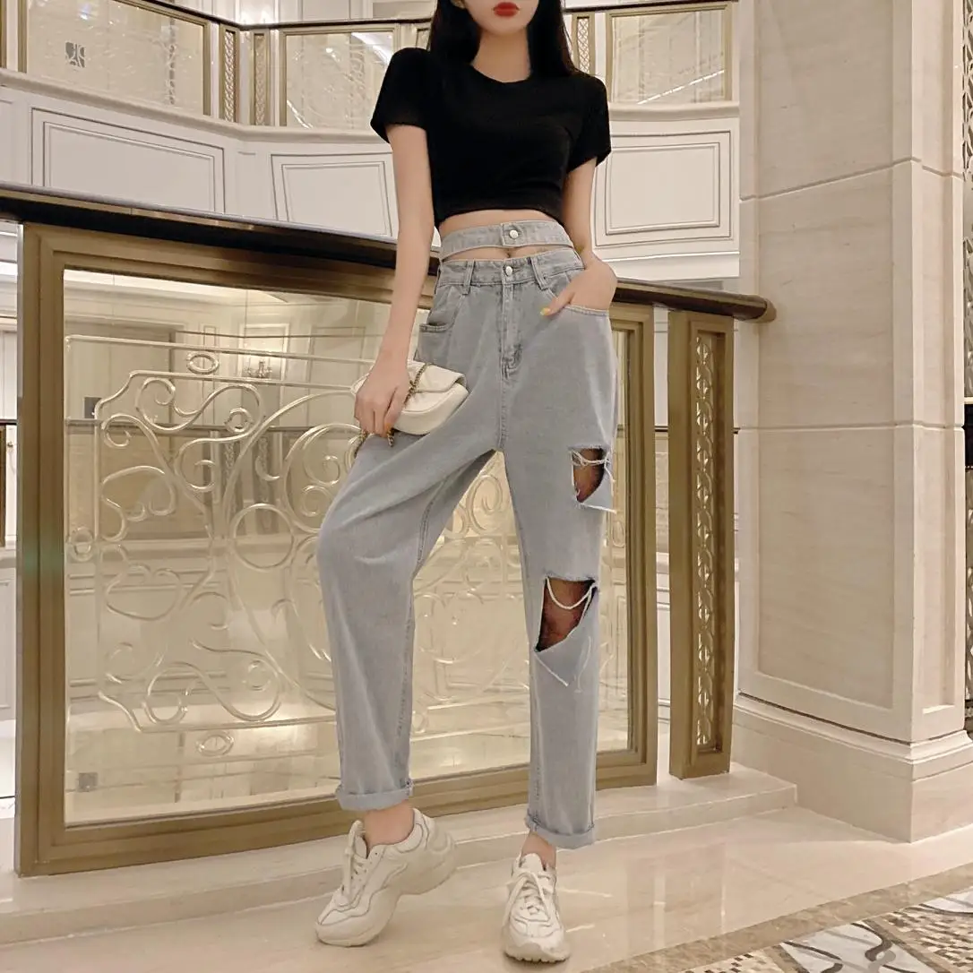 

Make firm offers! Loose hole straight high waist jeans fashion design feels double waist haroun pants