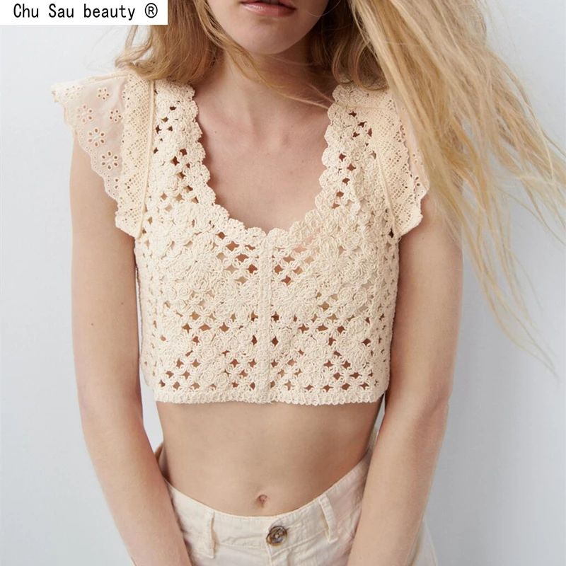 

Женская кружевная блузка, однотонный ажурный пуловер с глубоким вырезом и рукавами-фонариками, укороченный топ для осени, 2021