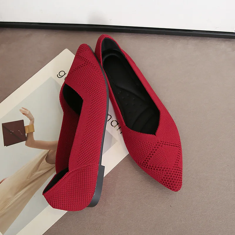 Casual Women's Flat Shoes Ballet Shoes Breathable Knit Pointed Shoes Moccasin Mixed Color Soft Pregnant Shoes Zapatos De Mujer