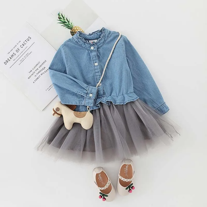 

2021 Spring Autumn 2 3 4 6 8 10 11 12 Years Teenage Crew Neck Long Sleeve Lace Mesh Patchwork Denim Dress For Baby Kids Girls