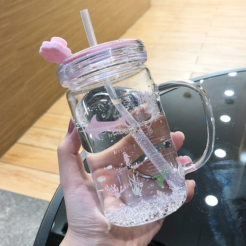 

Pattern Cute Glass Cup with Lid and Sippy Transparent with Handle Heat Resistant Taza Desayuno Grande Reusable Cup BD50GG